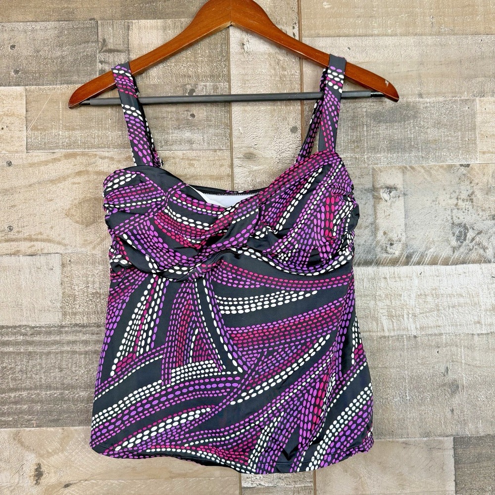 Sonoma Tankini Swim Top Size 10 Black & Purple Polka Dots Lightly Padded Tank